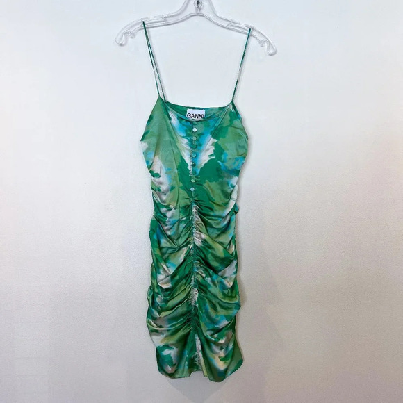 Ganni Silk Blend Green Watercolor Colorful Formal Satin Stretch Mini Dress 34/XS - Picture 3 of 11